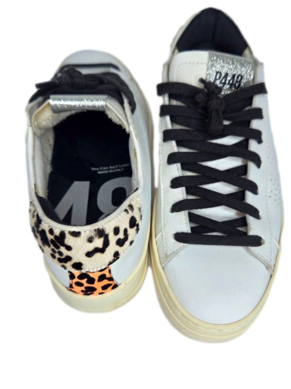 P448 John Low Top Sneakers White Animal Print Neon Women's Size 39 US 8.5